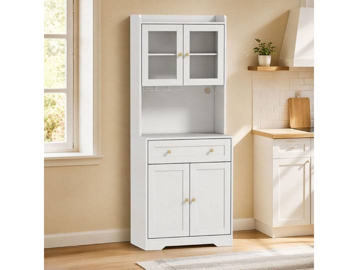 Buffet Haut Cuisine Armoire de Cuisine 4 Portes Tiroir Plan de Travail et Étagères Réglables Blanc