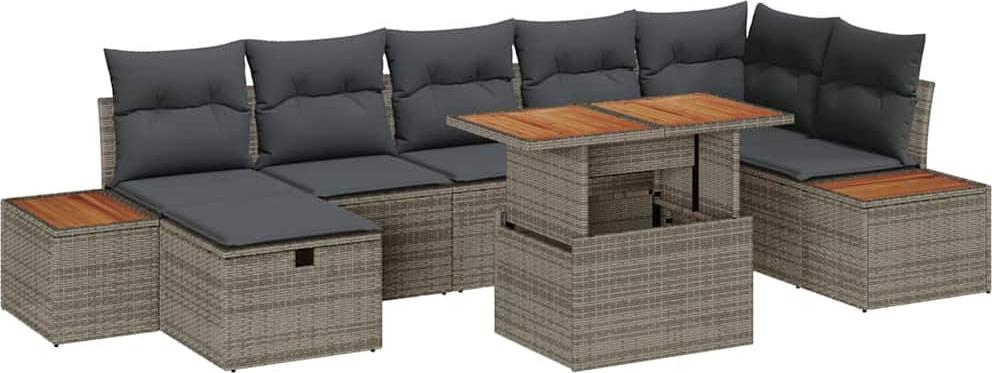 Gartenmöbel-Set, modernes Sofa-Set für Terrasse & Garten, aus Poly-Rattan & Akazienholz, 8-teilig, 7 Sitzplätze, höhenverstellbar, Grau