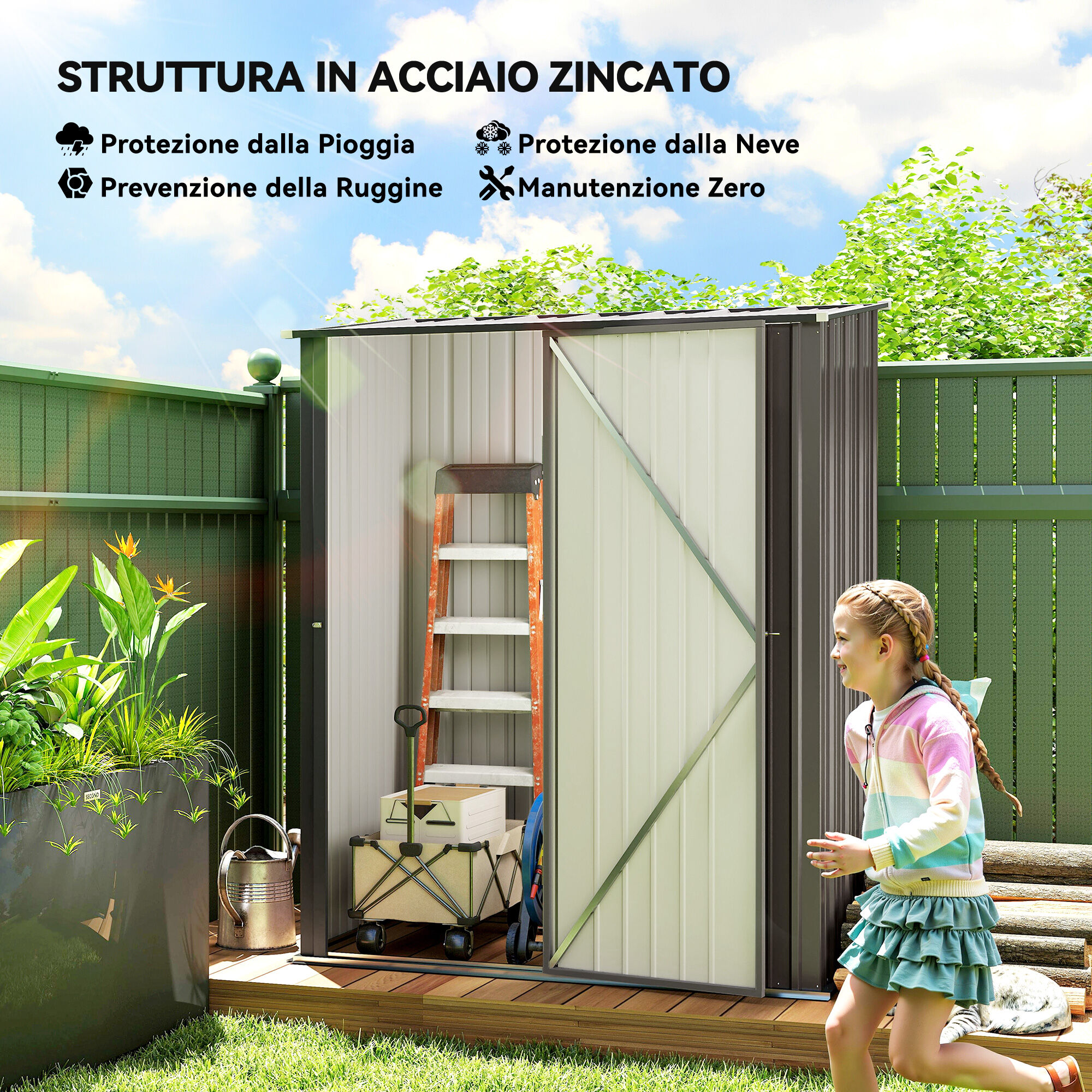 Altro Casetta Da Giardino In Acciaio Porta Attrezzi Con Catenaccio, 161.5x94.5x196cm, Grigio Chiaro