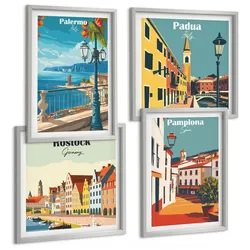 BILDER SET 4er Set - 50x50 cm & 40x60 cm Silberner Rahmen - Retro-Stadtillustrationen