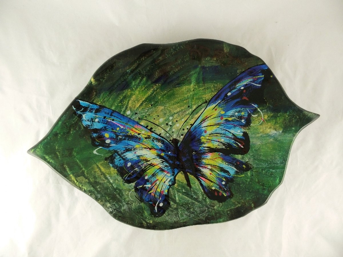 Butterfly decoratieve bladvorm glazen schaal - Breedte: 37 cm