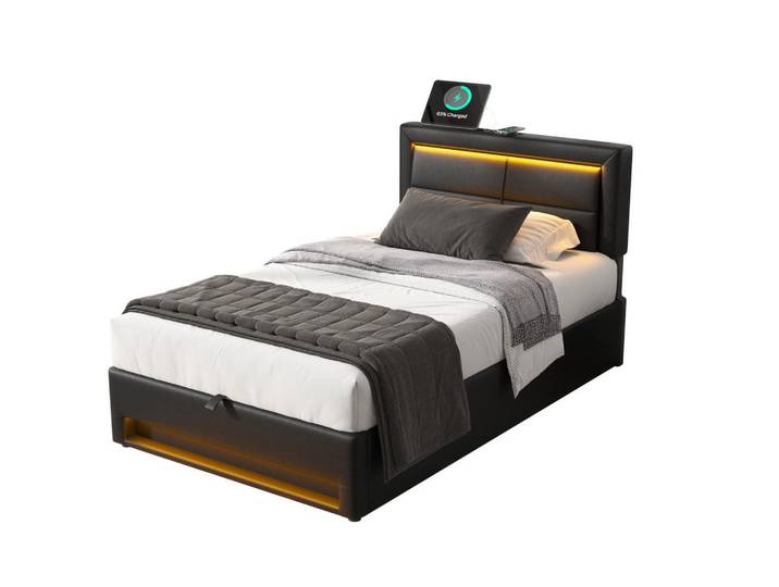 Redom Polsterbett 90/200 cm mit USB-Ladefläche, LED-Beleuchtung & Bettkasten, Schwarz, Kunststoff, 90x200 cm, Schlafzimmer, Betten, Polsterbetten