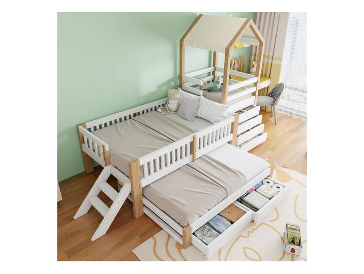 LuxusKollektion Hausbett Hochbett 90x200 Hausbett mit Ausziehbett Weiss/Natur