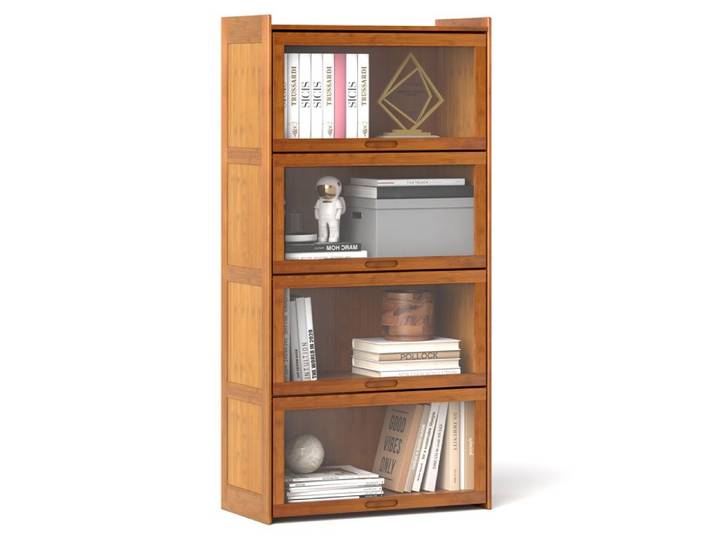 GOPLUS Bibliothèque en Bambou à 4 Etagères 69x34x140CM avec Portes en Arclyques-Dispositif Anti-basculement Marron
