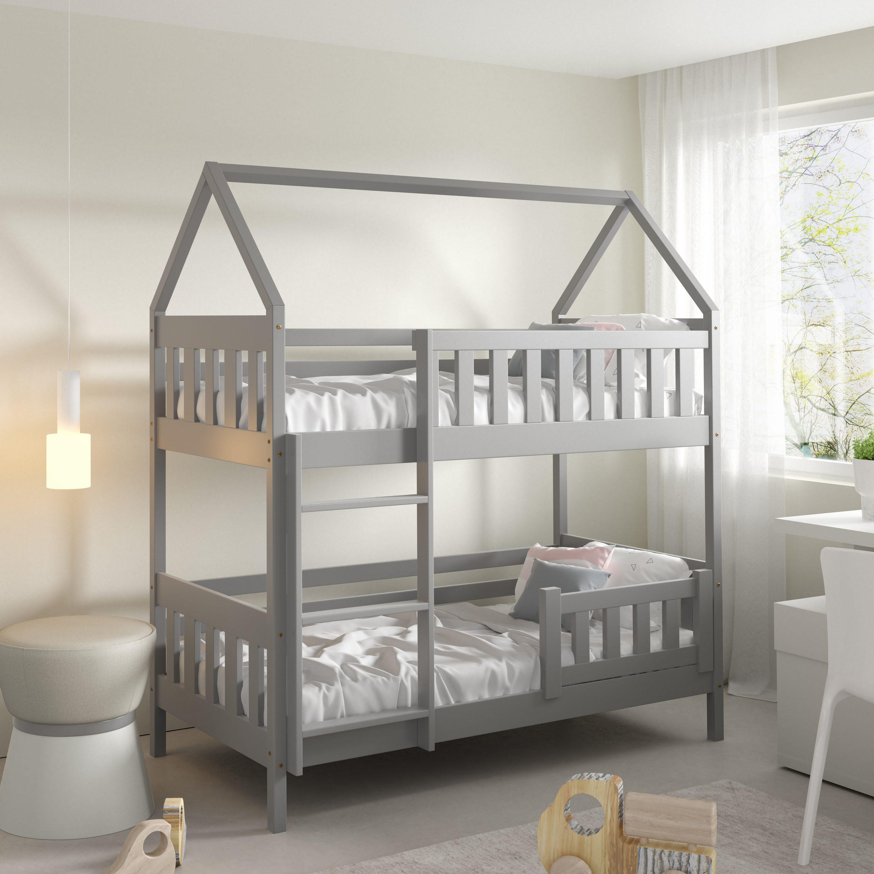 Masseno Etagenbett ELENA 80x190 cm mit Rausfallschutz, Kinderbett mit Leiter für Mädchen und Jungs, Stockbett 2 Kinder, Hausbett für Kinder, Holz, Hellgrau