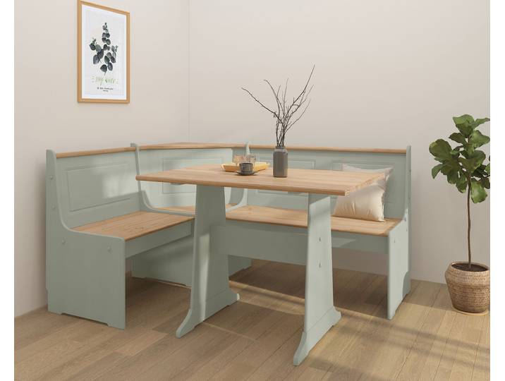 Essgruppe GOODPRODUCT Sascha , grün (salbei, naturfarben), B:160cm H:87cm T:120cm, Massivholz, Sitzmöbel-Sets, Essgruppe, aus massivem Kiefernholz, bestehend aus einer Truhen-Eckbank + Tisch