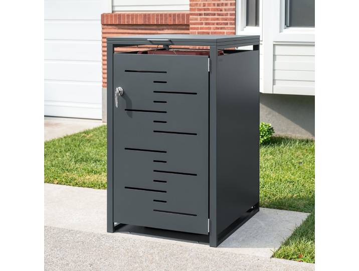SoBuy Mülltonnenbox Gartenschrank Metall dunkelgrau mit Deckel und Rollen Rechteckiger Korpus mit einer Tür und OGS63-DG