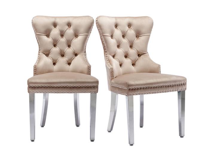 Flieks Esszimmerstuhl 2-Tlg Samt Beige, Nagelkopf, Metall Beine, 53x94.5x62.5 cm, Esszimmer, Stühle