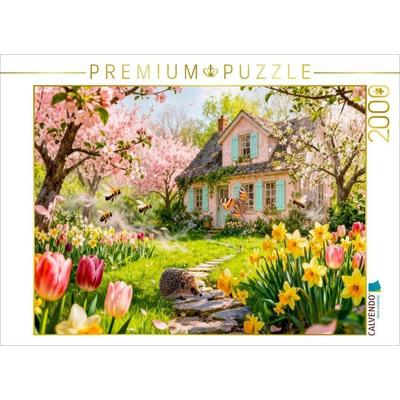 CALVENDO Puzzle Frühlings Cottage mit Igel und blühenden Kirschbäumen | 2000 Teile Lege-Größe 90x67cm Foto-Puzzle für glückliche Stunden