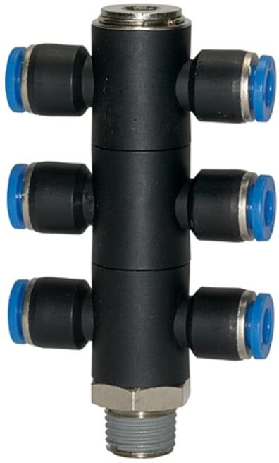 Riegler T-multiprises « Série Bleue », 6 voies, pivotant, R 1/4 a. Ø8mm (175.014-8)