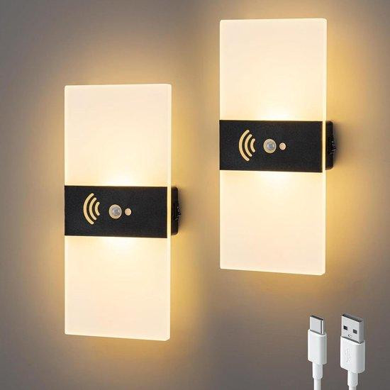 SURPALIG Draadloze wandlampen met sensor voor trappen, gang en badkamer, oplaadbaar via USB-C, 2 stuks, wit