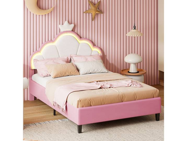 Rosahqnda Lit enfant, lit simple fille, lit double, lit princesse en forme de couronne, tête de lit réglable, rose