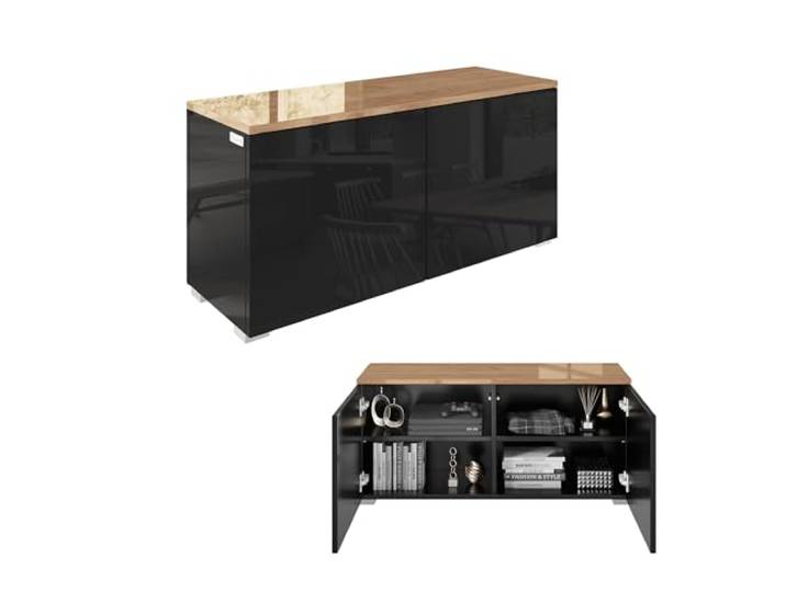 PLATAN ROOM TV Lowboard/Sideboard 90 cm breit mit Push-to -Open-Funktion Hängeschrank TV Kommode hängend oder stehend in Hochglanz oder Matt (Eiche Glanz/Schwarz Glanz, 90 cm breit)