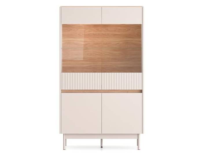 Lomadox Wohnzimmer-Highboard 92 cm breit in Kaschmir matt mit Eiche LED Beleuchtung 2 Türen 2 Glastüren Glaseinlegeboden grifflos Metallfüße