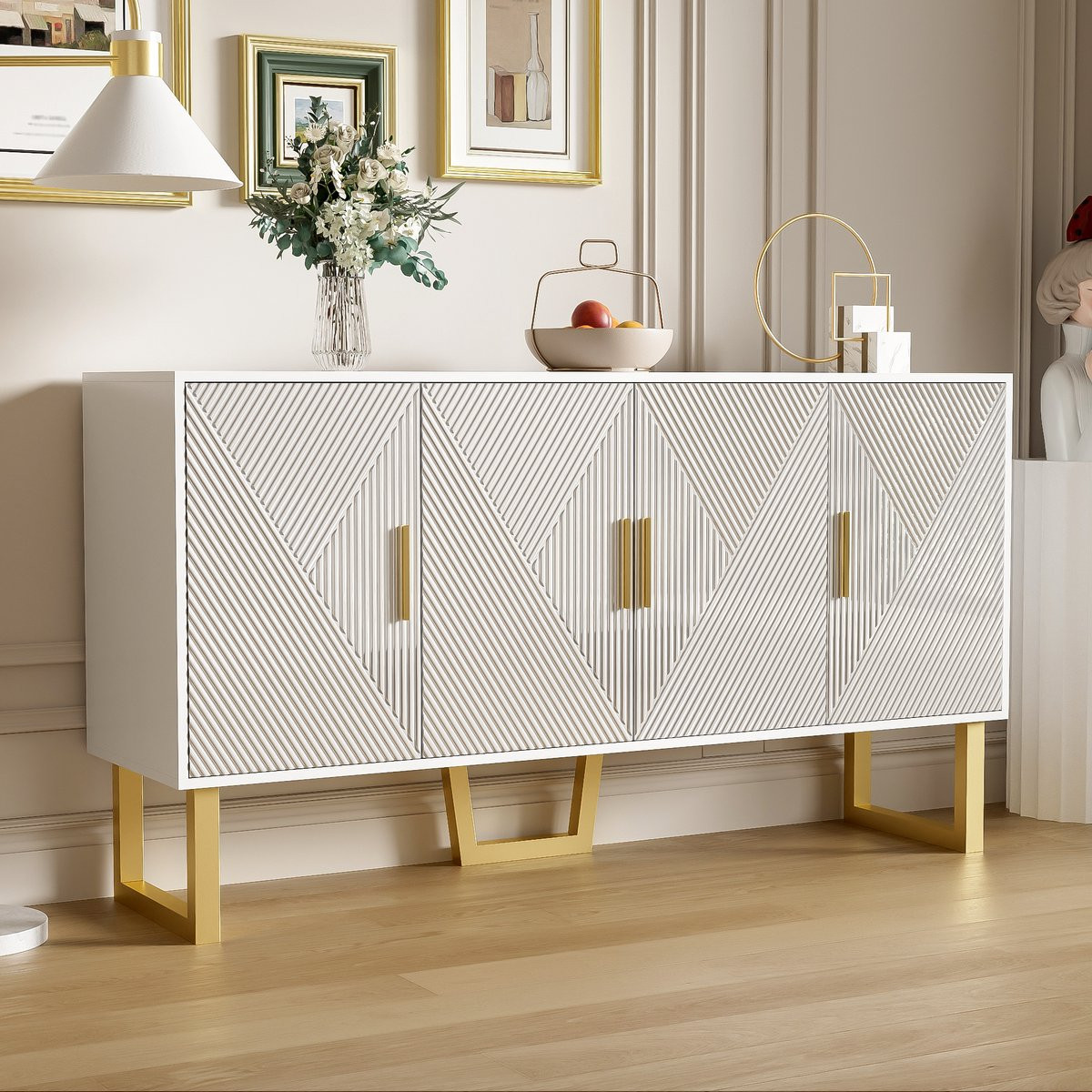 REDOM Sideboard 150 cm wit – Modern luxe 4-deurs met hoogglans deuren met structuur en matte gouden poten
