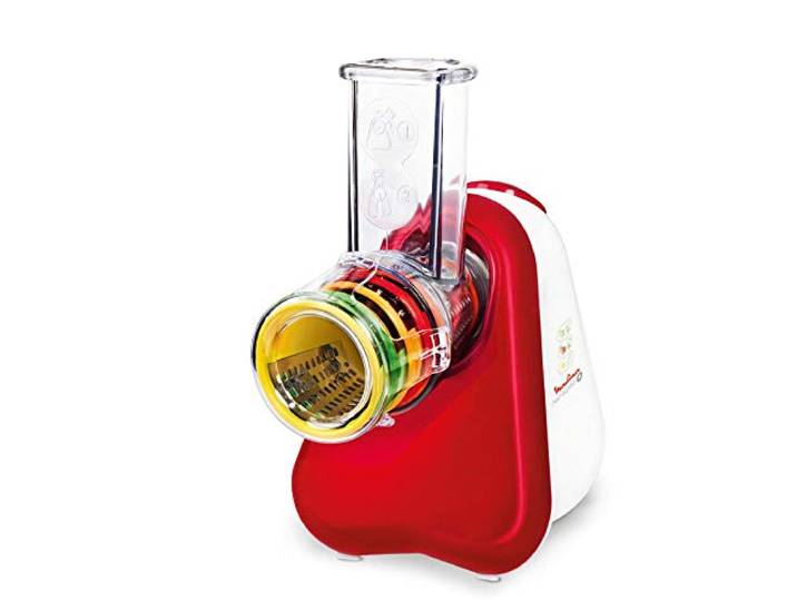 Moulinex Fresh Express Plus, Elektrisches Schnitzelwerk, Gemüseschneider, Gemüsehobel, 5 Einsätze inkl. Reiben, 150W, Metallic-rot, weiß, Made in France, DJ756G, 200Watt