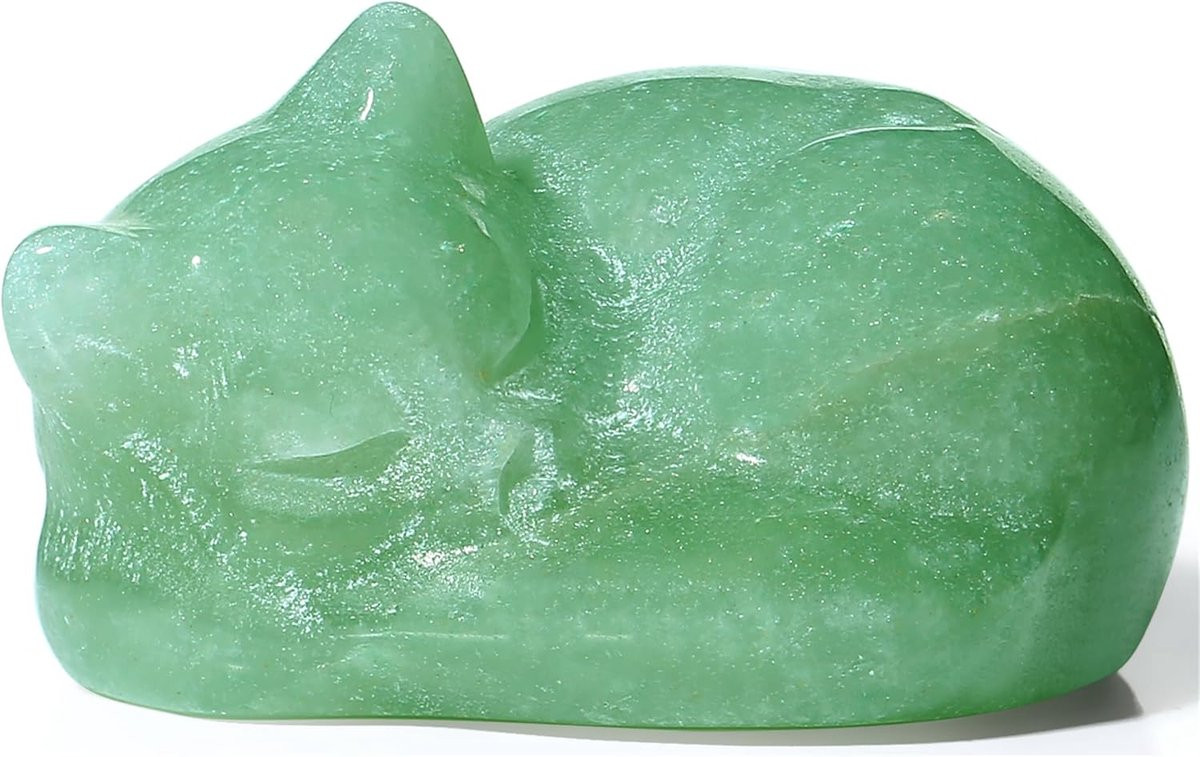 Groen Kat Standbeeldje - Handgesneden Edelsteen Figuur voor Bureau Decoratie - 5 cm Lengte