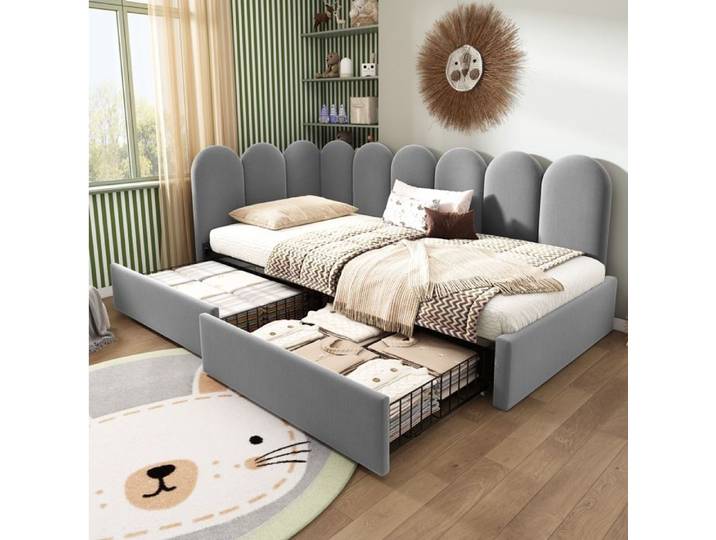 SENVIRO lit banquette coffre en velours gris 90x190 cm AB20711213G