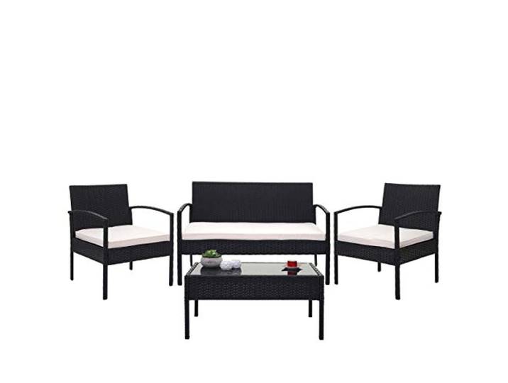 Mendler Poly-Rattan Garnitur HWC-F56 - schwarz, Kissen Creme Balkon-/Garten-/Lounge-Set, Sitzgruppe