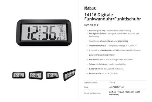 Mebus 14116 Funk Funkuhr 42cm x 20cm x 3cm Schwarz Großes Display