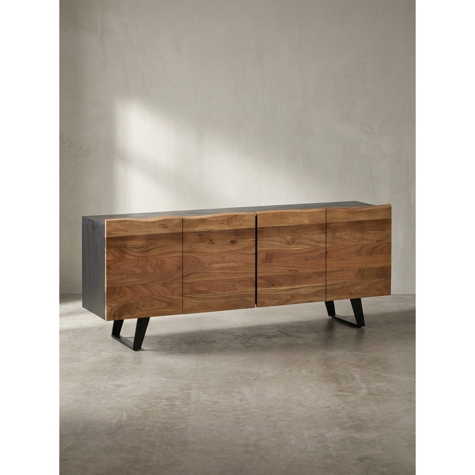 Sideboard – Akazie Massivholz, 180x75x45 cm, mit Baumkante, Türen, Metallbeine