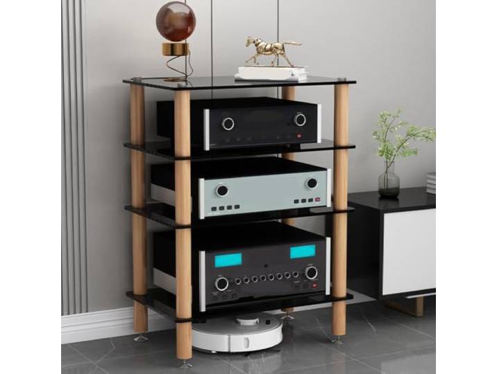 ZSCNYHMT HiFi Rack, 1-4 Ebenen Audio-Ständer mit Ablagen aus Hartglas Glasablagen, holzstruktur, flexible platzierung, für wohnzimmer und audiobereiche