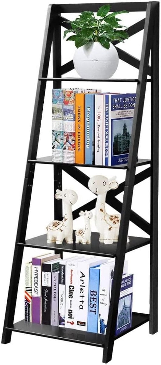 Moderne 4-laagse houten ladderkast met open rug en X-vormig frame