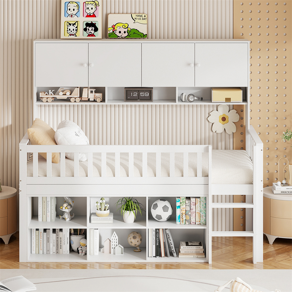 Kinderbett aus Holz 90*200 cm, mit Staufach, mit Schließfächern und Sicherheitsleiter, Einzelbett, Kinderbett, weiß