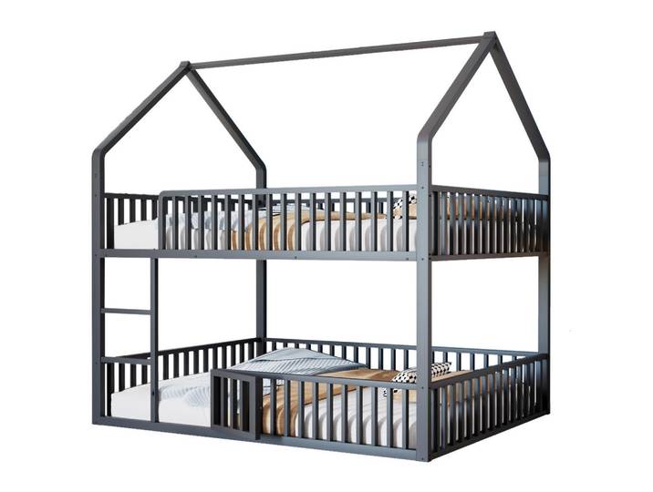 Modfu Etagenbett aus Metall 140x200 cm Schwarz mit Hausrahmen, Frontleiter und Sicherheitsgeländern, 140x200 cm, Babymöbel & Kindermöbel, Kinderzimmer & Jugendzimmer, Stockbetten