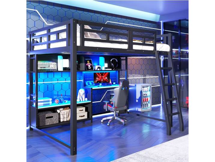 Lit mezzanine gaming 140 x 200 cm noir avec bureau étagères ouvertes et LED RGB