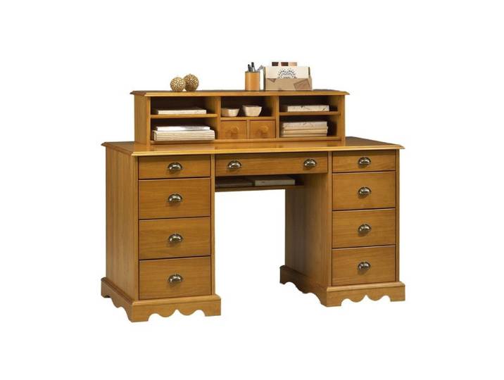 Bureau - Pin - Ministre - 11 Tiroirs - 5 Niches - Style Anglais
