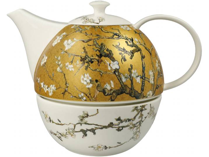 Kanne GOEBEL Teekanne mit Stövchen Van Gogh- Mandelbaum , gold (bunt), B:16cm H:19cm, Porzellan, Kannen, Kanne