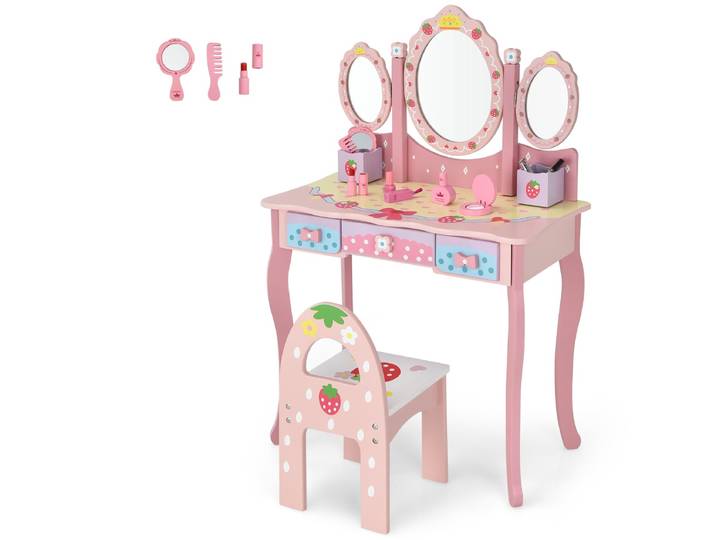 Kaptafel met Drievoudige Spiegel Kinder Kaptafel en Stoel met 3 Lades 2 Opbergdozen Make-Up Kaptafel voor Kinderen Roze