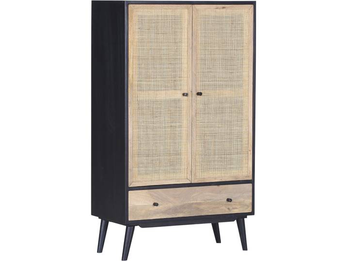 Highboard, Schwarz, 80x137x42 cm, Massivholz, Stauraumschrank mit Rattangeflecht, Landhaus, Gutmann-Factory