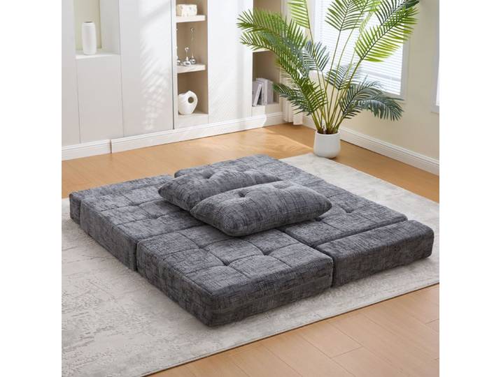 Canapé-lit pliable gris en chenille avec dossier et coussins tête/lombaires