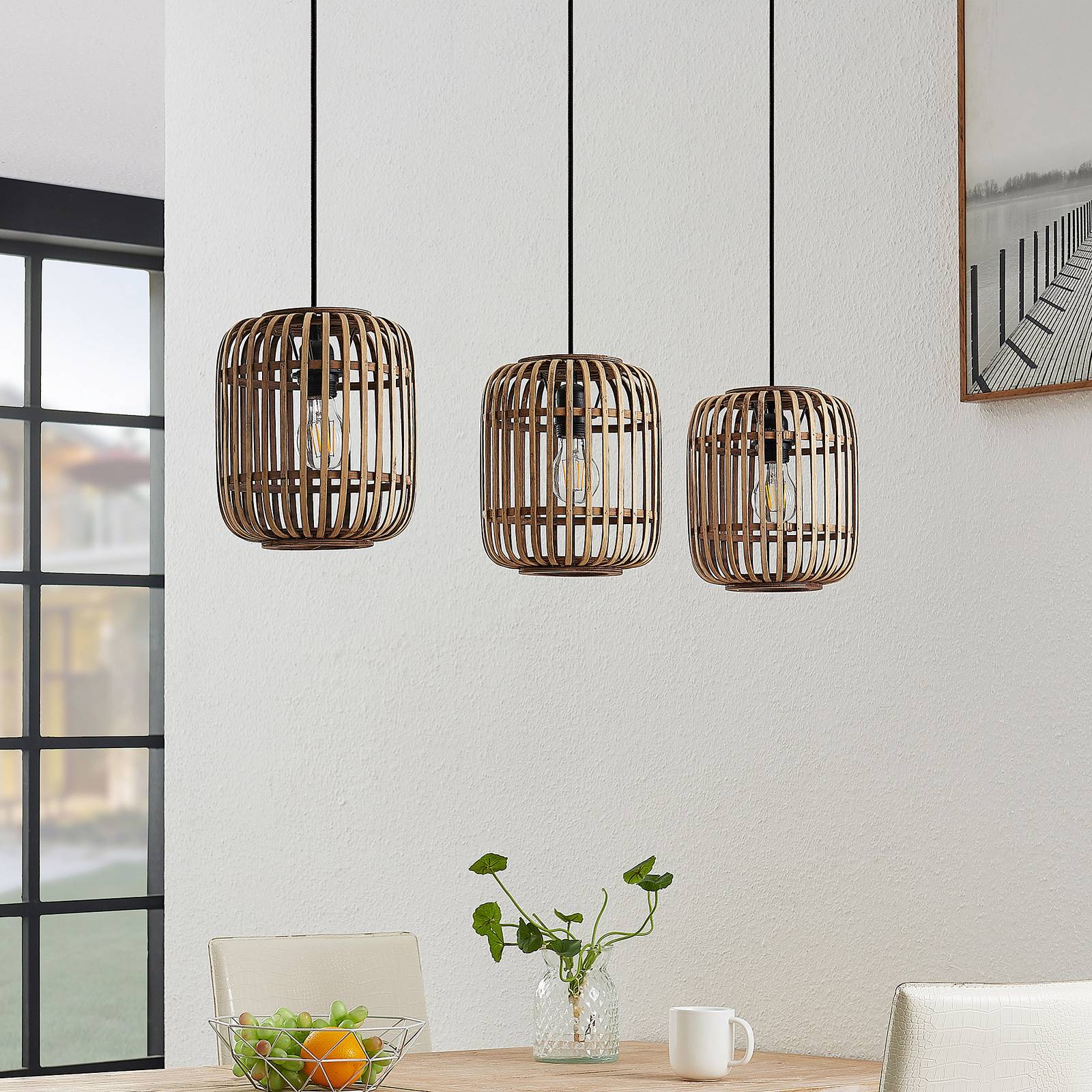 Hängelampe Canyana Lindby, dimmbar, Holz hell, für Wohn- / Esszimmer, Holz, Landhaus / Rustikal, Pendelleuchte