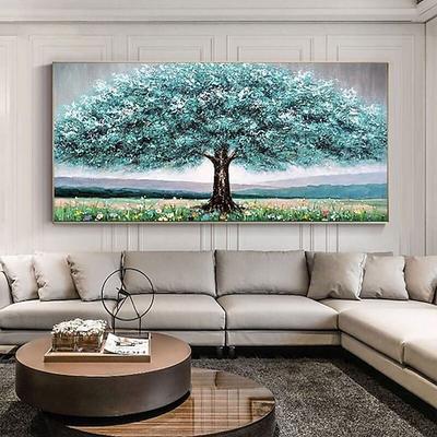 Handgefertigtes, handgemaltes Ölgemälde, Wandkunst, riesiges grünes Ölgemälde eines glücklichen Baumes, der Lebendigkeit und Vitalität symbolisiert, Dekor auf gerollter Leinwand, ohne Rahmen,