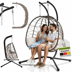 Juskys Doppelhängesessel Aria - Polyrattan Hängesessel mit Gestell & Kissen - 2 Personen - Beige
