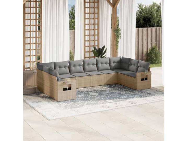 ZQQLVOO 10-TLG. Poly Rattan Sofagarnitur Beige mit Kissen PE Rattan, Wetterbeständig, Modulares Design, Klappbare Ablagen, Abnehmbare Bezüge