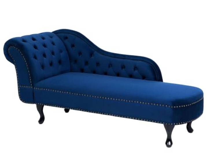 Beliani Linksseitige Chaiselongue Marineblau Samtstoff Glamourös Retro Stoff, Blau, Abgesenkt, Schaumstoff-Füllung, Wellenfederung, Sitzhöhe 43 cm, Belastbarkeit 180 kg, 169 x 61 x 79 cm