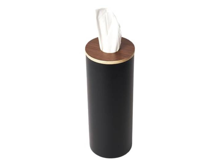 Yamazaki 5981 RIN Round Tissue Case L\, Black\, Steel/Wood/Silicone\, 9.2 x 9.2 x 23.8 cm