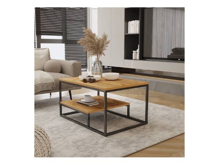 Design Möbel Couchtisch Moderner Couchtisch mit Ablage Stahlgestell, 90x60x48 cm