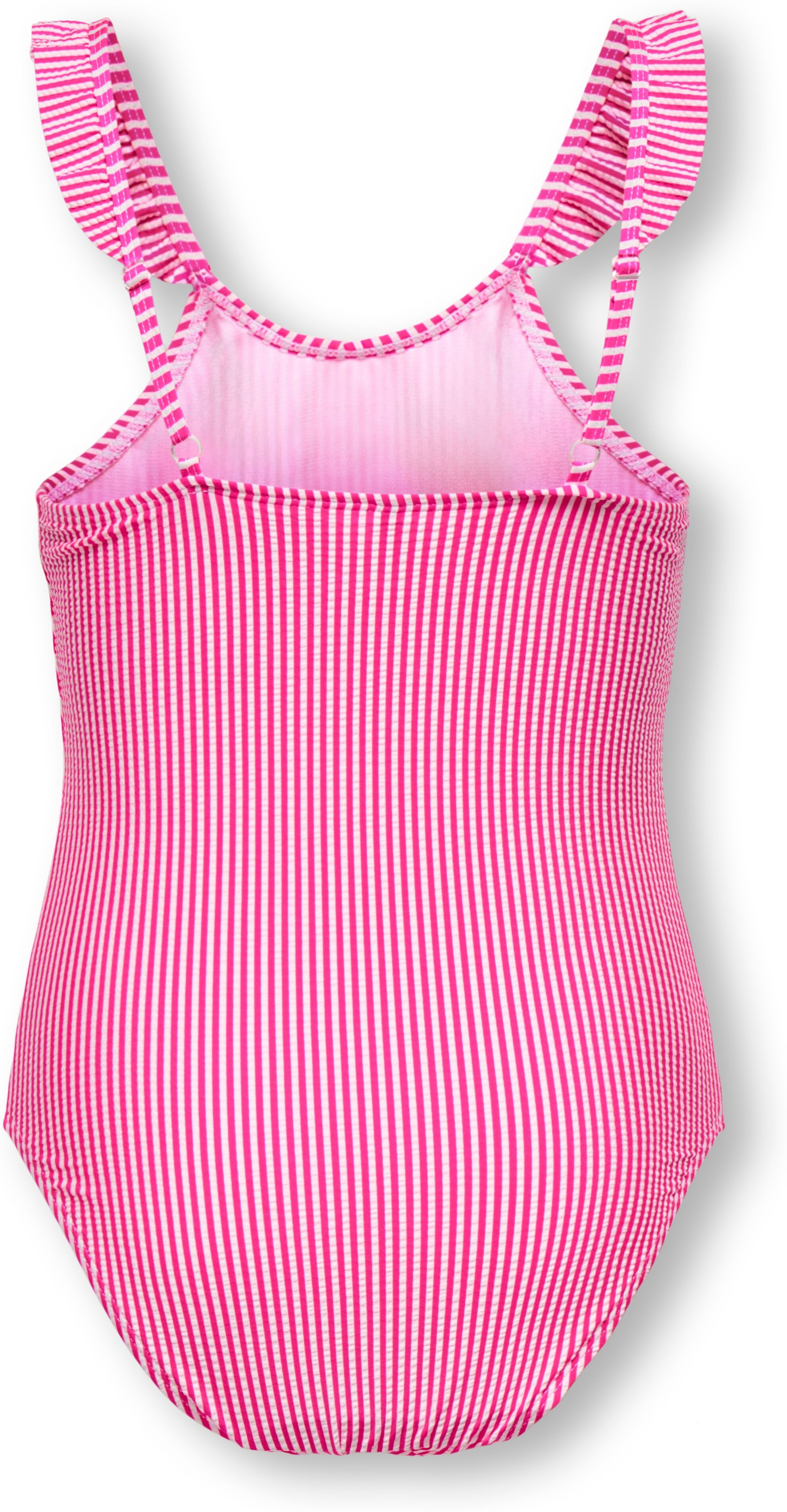 Badeanzug KIDS ONLY "KOGSUNNY STRUCTURE SWIMSUIT ACC", Mädchen, Gr. 158/164, N-Gr, pink (knockout pink stripes:cloud dancer), Rippware, Polyester, gestreift, strukturiert, Badeanzüge Badeanzug, mit kleiner Rüsche an der Schulter knockout pink stripes:clou