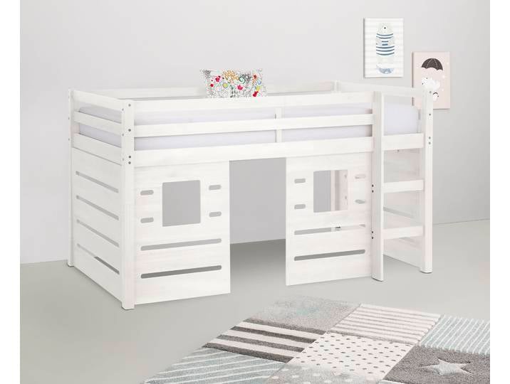 Hochbett GOODPRODUCT Alpi , weiss (weiß), B:103cm H:111cm L:208cm, Hochbetten, Hochbett, aus Kiefernholz, inklusive Leiter und Panel, Aussenmassenbreite 103 cm