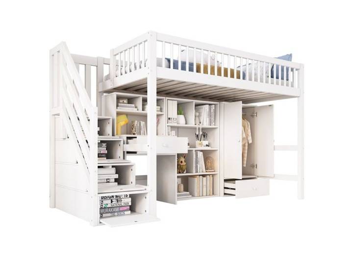 Lit Mezzanine Enfant-Bois Blanc 90x200cm-Avec Bureau-Escalier-Casiers-Armoire-Multifonctionnel-Sans Matelas