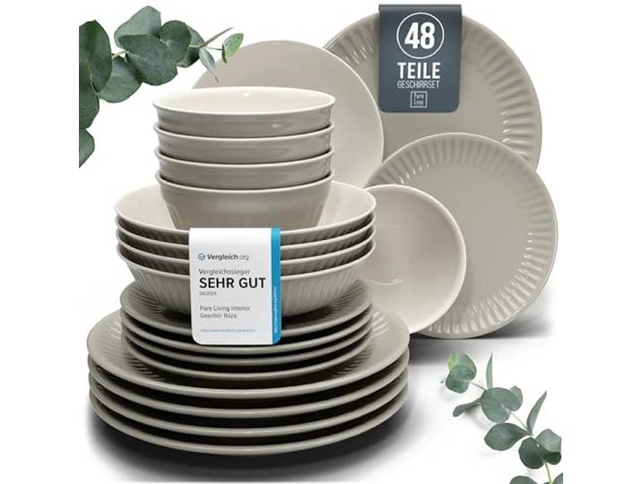 Steingut Geschirrset 12 Personen Hygge 48 tlg. TESTSIEGER, Traumhaftes Skandinavisches Steingut Geschirr Set, Schüssel- und Teller Set, Tafelservice 12 Personen, Geschirrsets Pure Living in Hellbraun