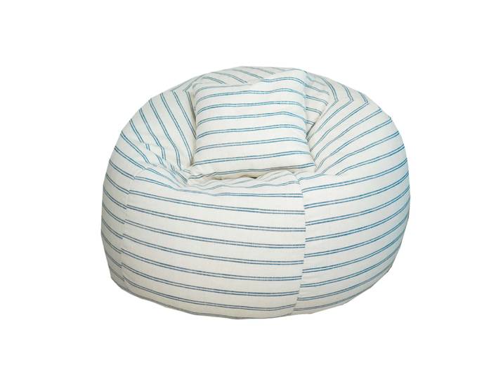 Pouf déhoussable en lin rayé bleu