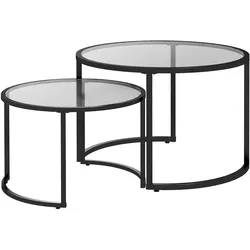 OKWISH Couchtisch 2er Set Glas Rund Schwarz 70x70x48 cm stapelbar teilunterfahrbar, Stahlgestell, Hartglas Tischplatte, modern