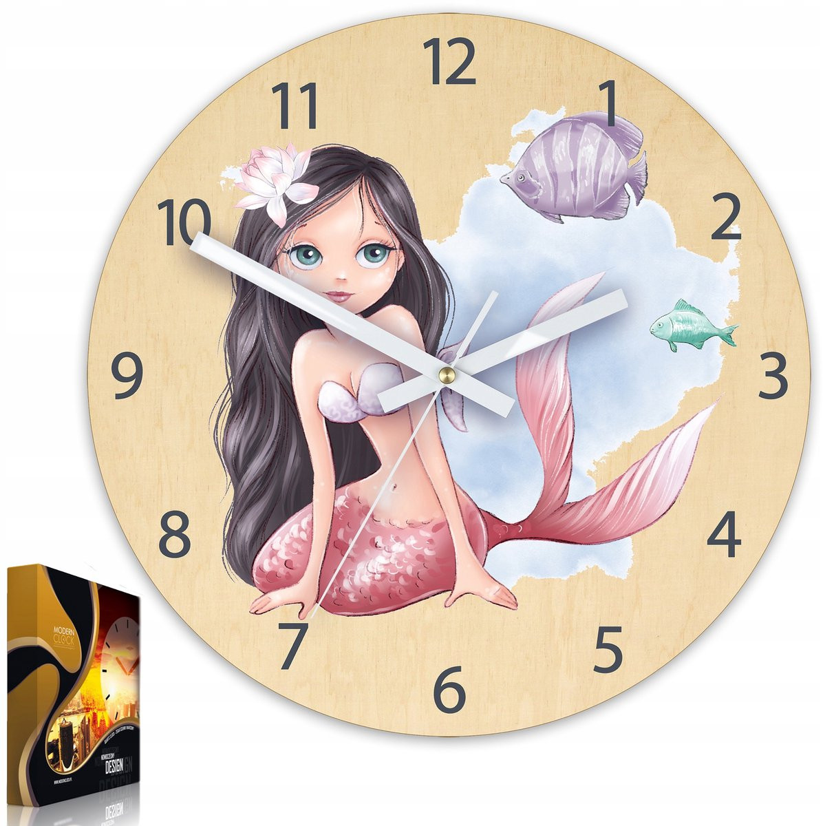 ModernClock Analoge kinderwandklok met zeemeermin en vis - Stille werking