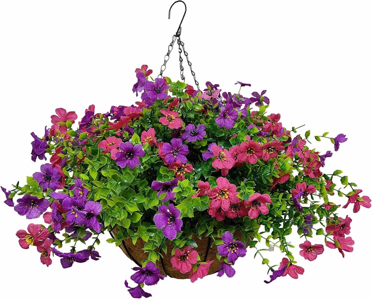 Hangende kunstbloemen in een paarse rozerode mand voor buiten decoratie, diameter: 40 cm